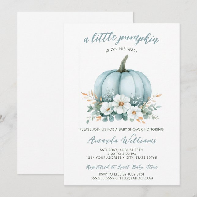Fall Blue Pumpkin Floral Eucalyptus Baby Shower Invitation (Front/Back)