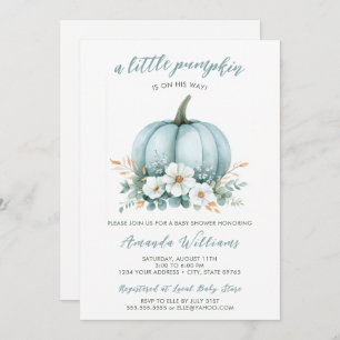 Fall Blue Pumpkin Floral Eucalyptus Baby Shower Invitation