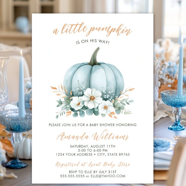 Fall Blue Pumpkin Floral Eucalyptus Baby Shower Invitation (Creator Uploaded)