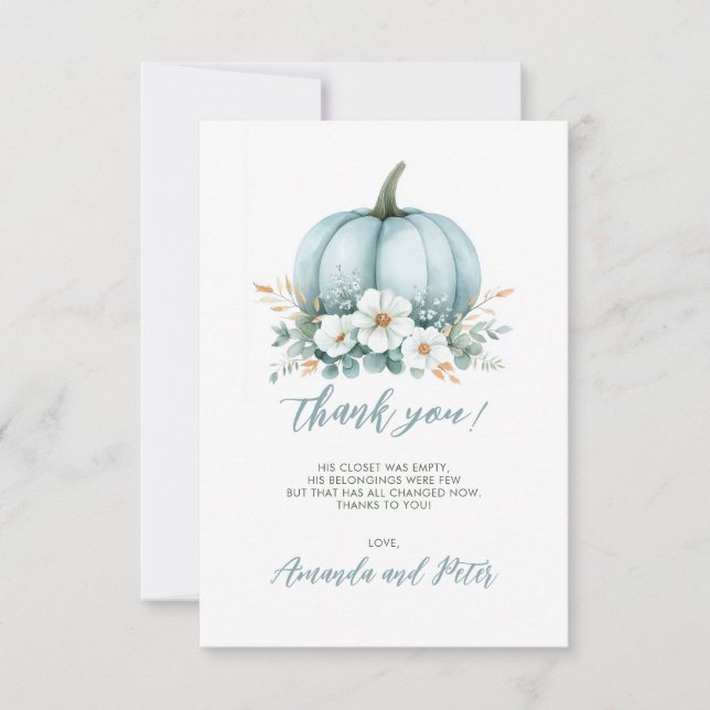 Fall Blue Pumpkin Floral Eucalyptus Baby Shower Thank You Card (Front)