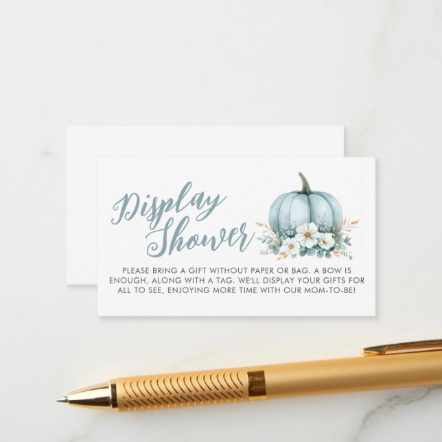 Fall Blue Pumpkin Floral Eucalyptus Display Shower Enclosure Card (Front/Back In Situ)