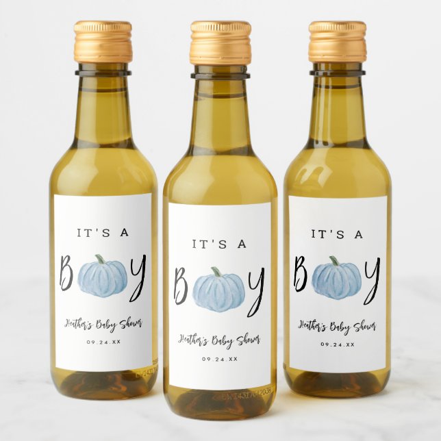 Fall Blue Pumpkin It's A Boy Baby Shower Favour Wine Label (Bottles)