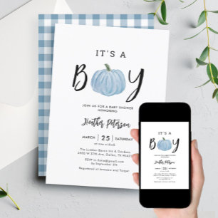 Fall Blue Pumpkin It's A Boy Baby Shower Invitation