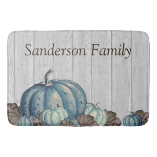 Fall Blue Pumpkin Rustic Cute Grey Wood  Bath Mat