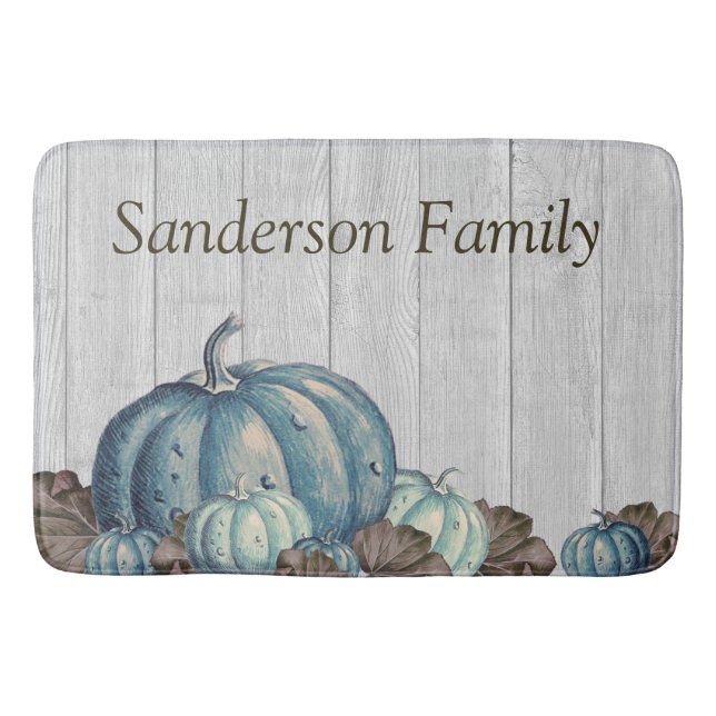  Fall Blue Pumpkin Rustic Cute Grey Wood  Bath Mat (Front)