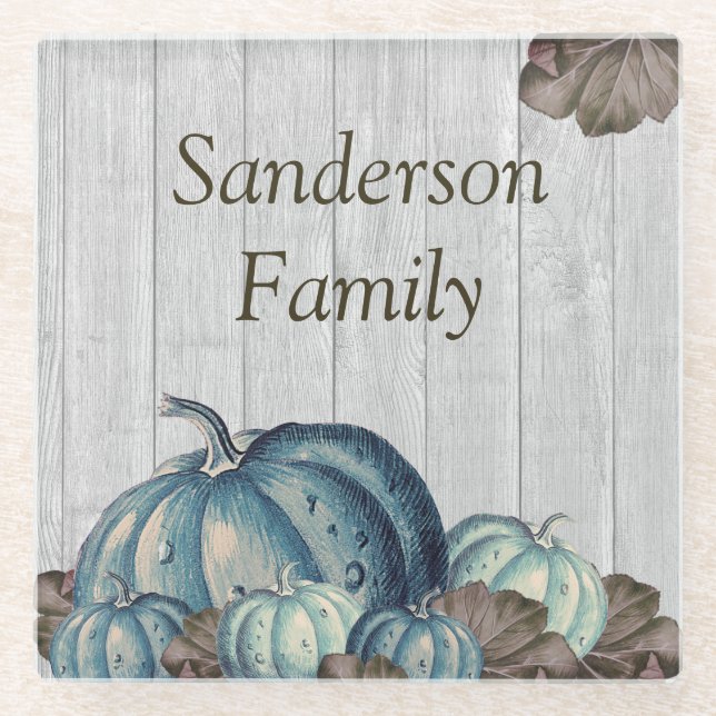 Fall Blue Pumpkin Rustic Cute Grey Wood  Glass Coaster (Front)