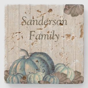 Fall Blue Pumpkin Rustic Cute Grey Wood Stone Coaster