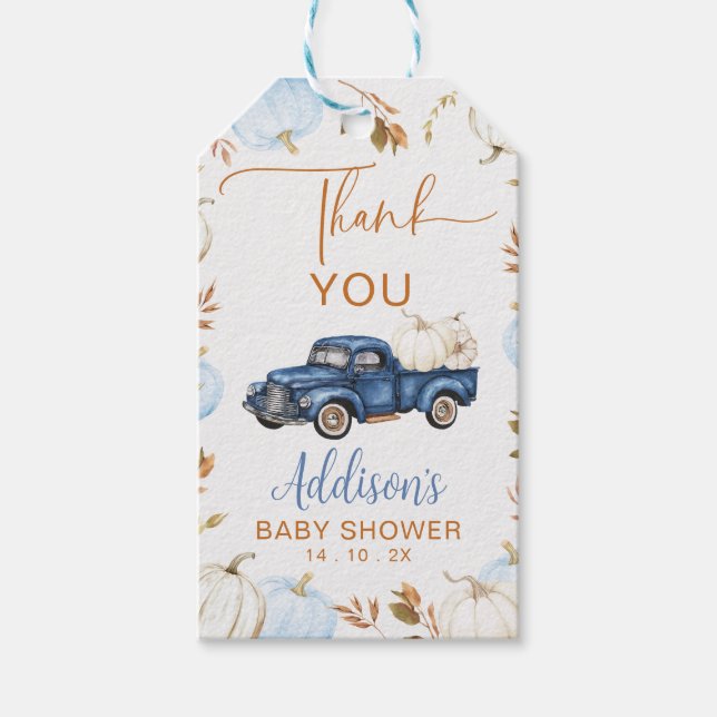 Fall Blue Pumpkin Truck Baby Shower Gift Tag (Front)