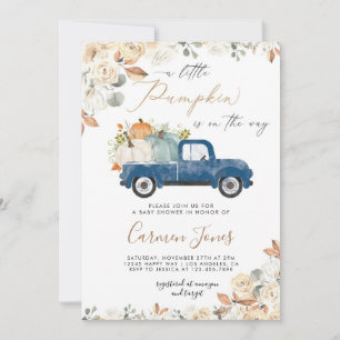 Fall Blue Pumpkin Truck Baby Shower Invitation