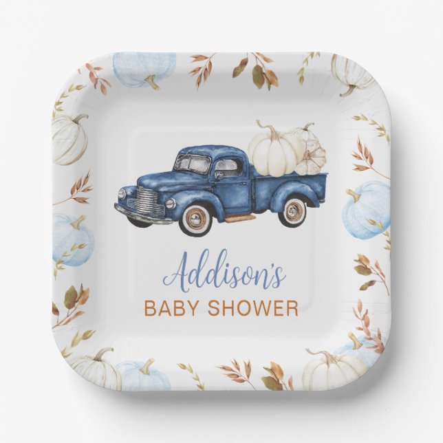 Fall Blue Pumpkin Truck Baby Shower Paper Plate (Front)