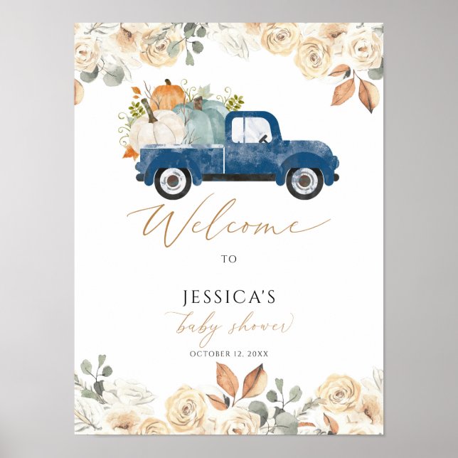Fall Blue pumpkin truck baby shower welcome sign (Front)