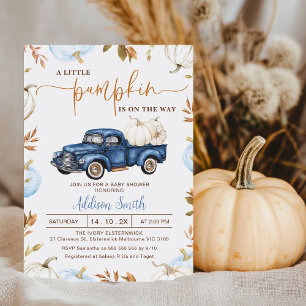 Fall Blue Pumpkin Truck Little Pumpkin Baby Shower Invitation