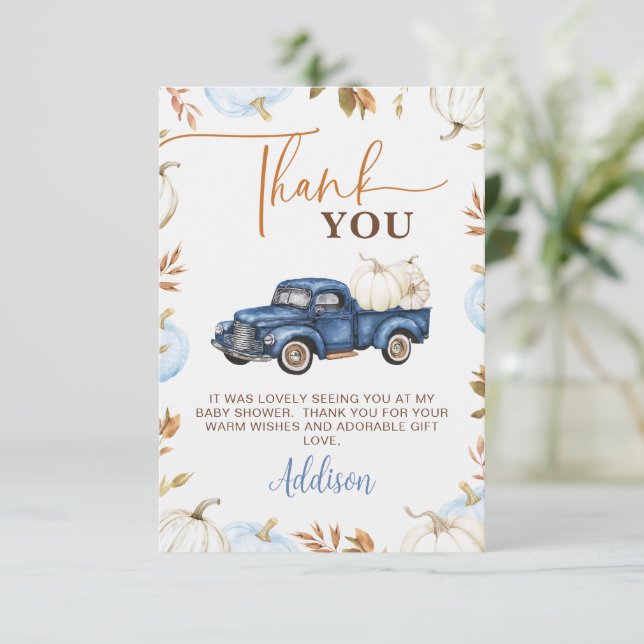 Fall Blue Pumpkin Truck Little Pumpkin Baby Shower Thank You Card (Standing Front)
