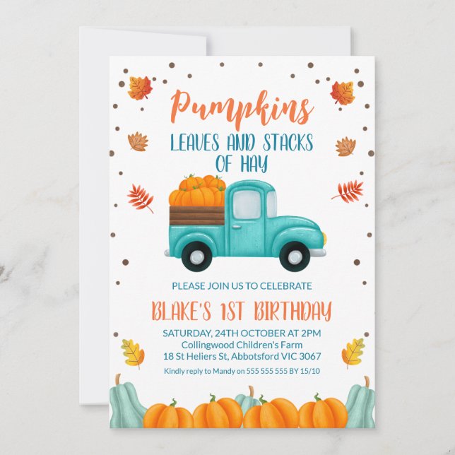 Fall Blue Truck Orange Pumpkin Boys Birthday  Invitation (Front)