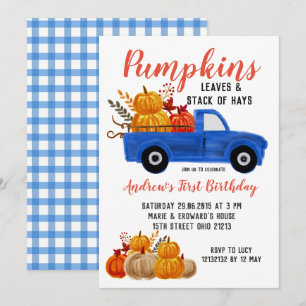 Fall Blue Truck Pumpkin Birthday invitation