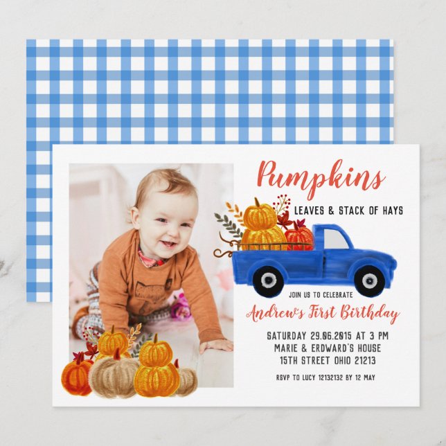 Fall Blue Truck Pumpkin Birthday with photo Invitation (Front/Back)