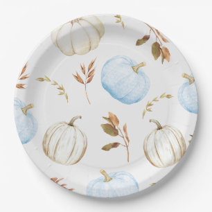 Fall Blue White Pumpkins Baby Shower Paper Plate