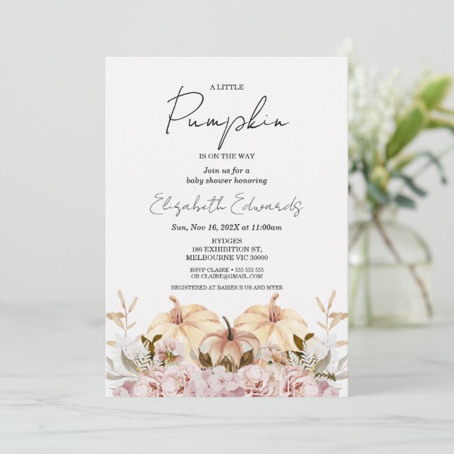 Fall Blush Boho Floral Little Pumpkin Baby Shower  Invitation (Standing Front)
