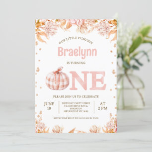 Fall Blush Floral Rustic Pumpkin 1st Birthday  Invitation