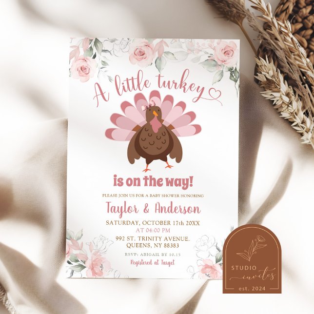Fall Blush Pink Girl Turkey Baby Shower Invitation (Creator Uploaded)
