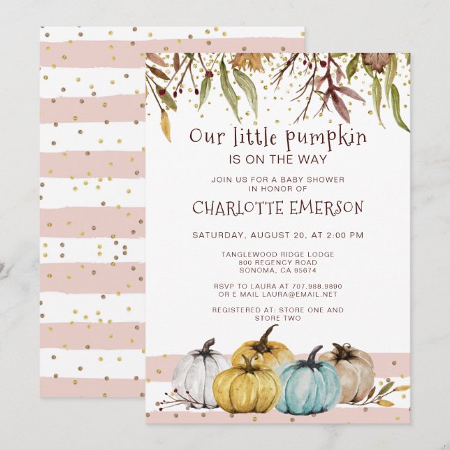 Fall Blush Pink Gold Pumpkin Baby Shower Invitation (Front/Back)