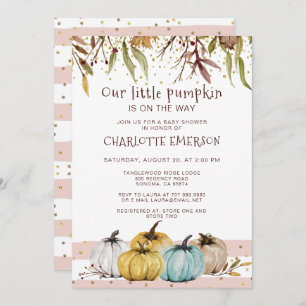 Fall Blush Pink Gold Pumpkin Baby Shower Invitation