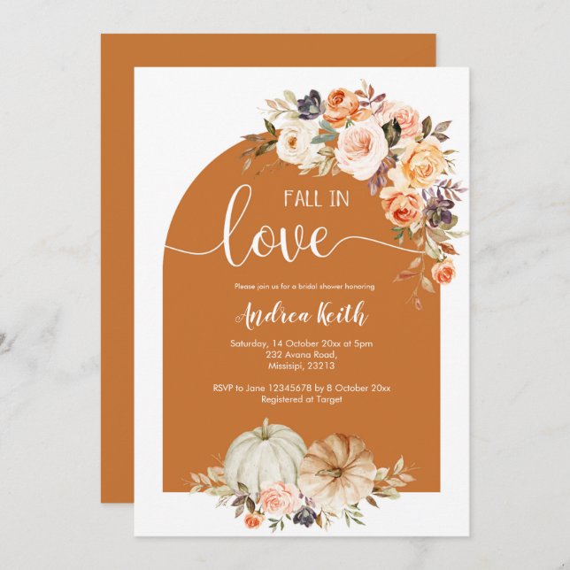 Fall Boho Arch pumpkin burnt orange fall in love Invitation (Front/Back)
