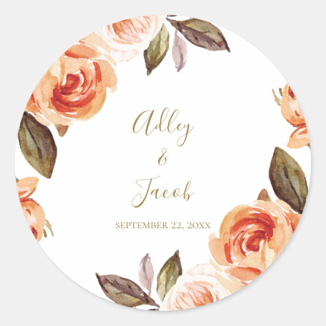 Fall Boho Burnt Orange Floral Wedding Classic Round Sticker (Front)
