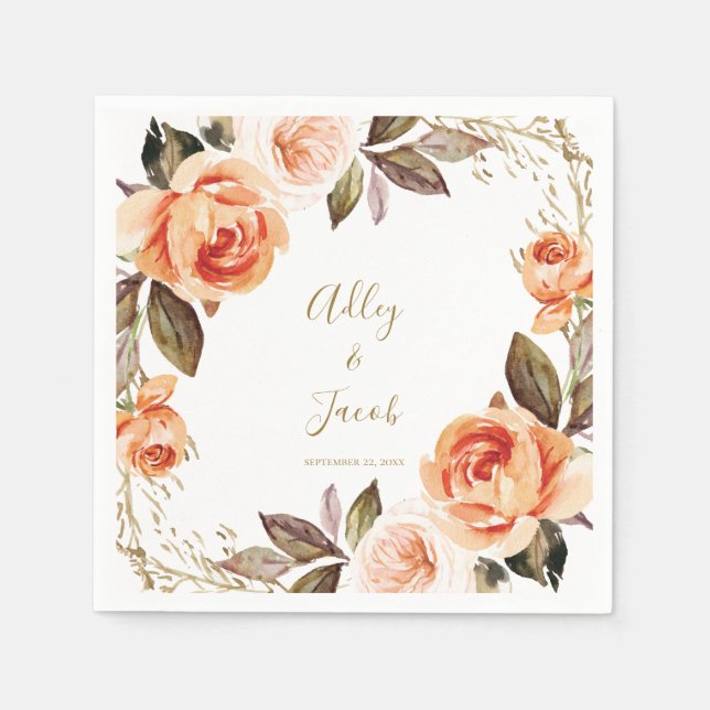 Fall Boho Burnt Orange Floral Wedding Napkins (Front)