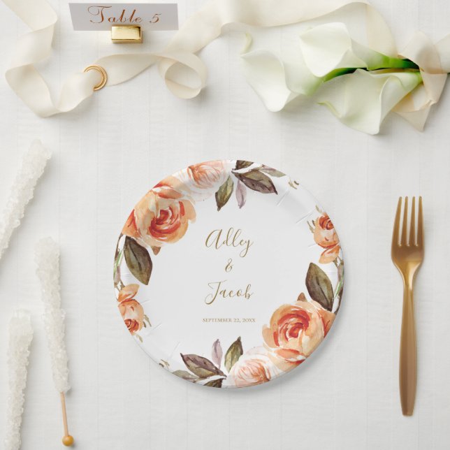 Fall Boho Burnt Orange Floral Wedding Paper Plates (Wedding)