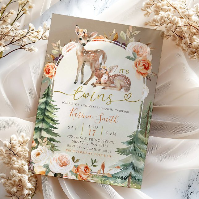 Fall Boho Deer Twins Girl Floral Baby Shower Invitation (Creator Uploaded)