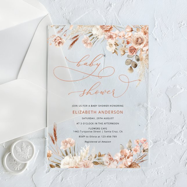 Fall Boho Floral Gender Neutral Baby Shower Acrylic Invitations (Creator Uploaded)