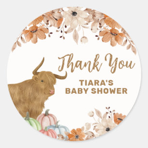 Fall Boho Floral Highland Cow Baby Shower  Classic Round Sticker