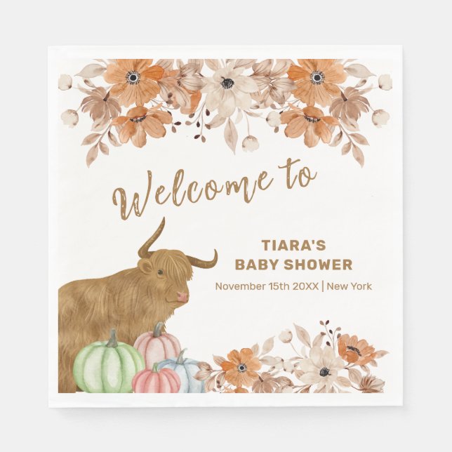 Fall Boho Floral Highland Cow Baby Shower Welcome Napkin (Front)