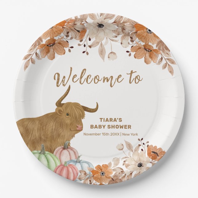 Fall Boho Floral Highland Cow Baby Shower Welcome Paper Plate (Front)