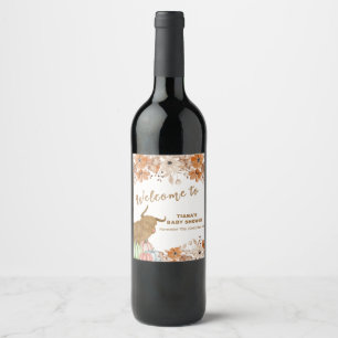 Fall Boho Floral Highland Cow Baby Shower Welcome Wine Label