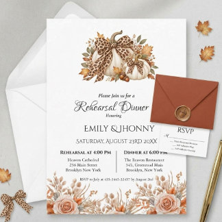 Fall Boho Floral Pumpkin Bow Rehearsal Dinner Invitation