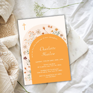 Fall Boho Floral Wildflower Arch Cross Baptism Invitation