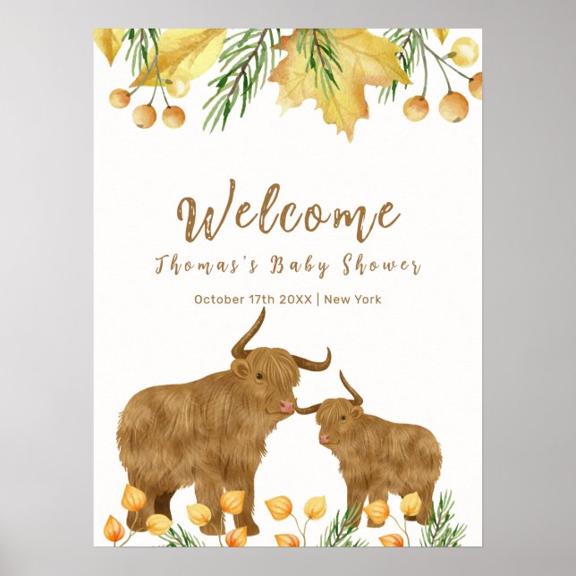 Fall Boho Highland Cow Baby Shower Welcome  Poster (Front)