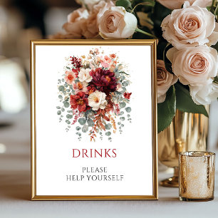 Fall Boho Marsala Floral Drinks Tabletop Sign