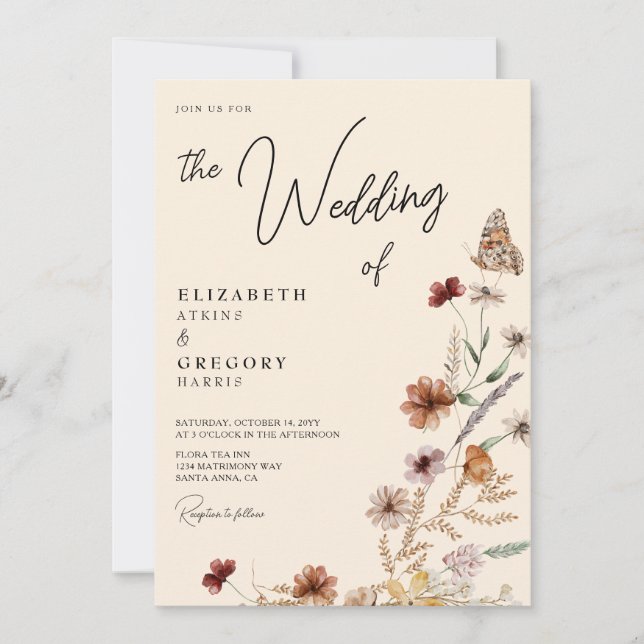 Fall Boho Meadow Wildflowers Wedding Invitation (Front)