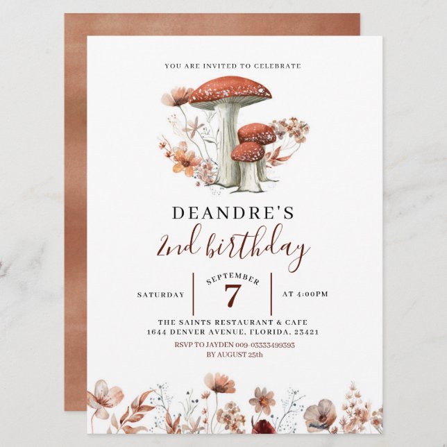 Fall Boho Mushroom First Birthday Invitation (Front/Back)