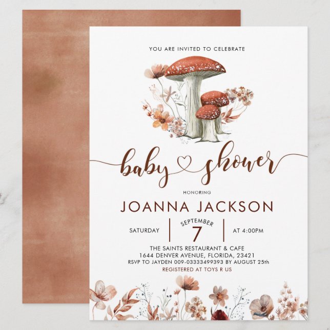 Fall Boho Mushroom Fungi Baby Shower Invitation (Front/Back)