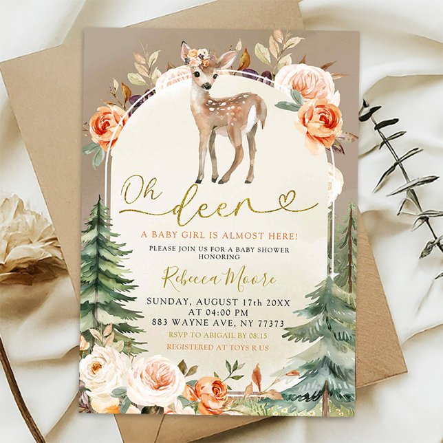 Fall Boho Oh Deer Girl Woodland Baby Shower Invitation (Creator Uploaded)