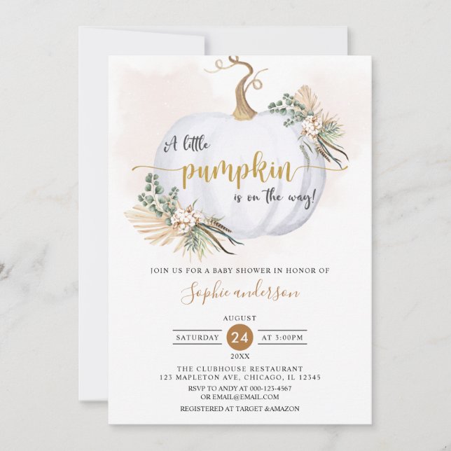 Fall Boho Pampas Grass Little Pumpkin Baby Shower Invitation (Front)