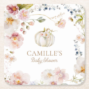Fall Boho Pumpkin Baby Shower Square Paper Coaster