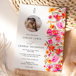 Fall boho red orange floral initials photo wedding invitation