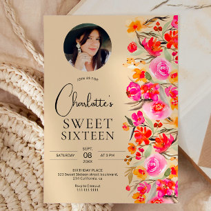 Fall boho red orange floral photo Sweet 16 Invitation