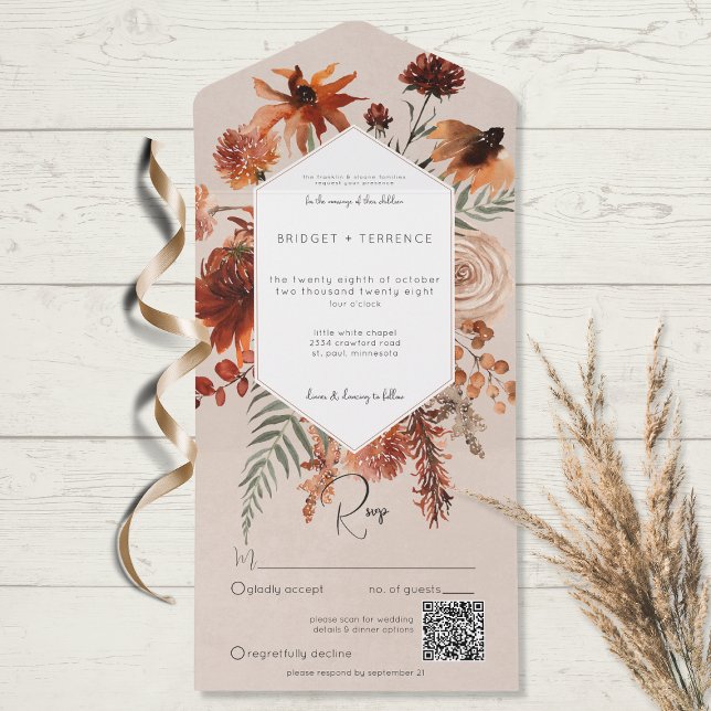 Fall Boho Rust & Peach Floral Frame Beige QR Code All In One Invitation (Creator Uploaded)