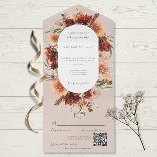 Fall Boho Rust & Peach Floral Oval Beige QR Code All In One Invitation